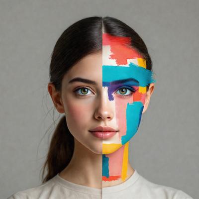 The primary subject of the image is a woman with a colorful face painting. The setting is a white background, which provides a clean and minimalist look. The visual style is a combination of a photo and digital art, creating a unique and artistic representation of the woman. The colors and mood of the image are vibrant and lively, with the woman's face painted in various colors, making her stand out and appear joyful.